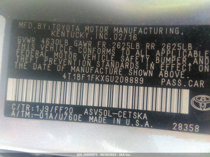 2016 TOYOTA CAMRY XLE/SE/LE/XSE - 4T1BF1FKXGU208889