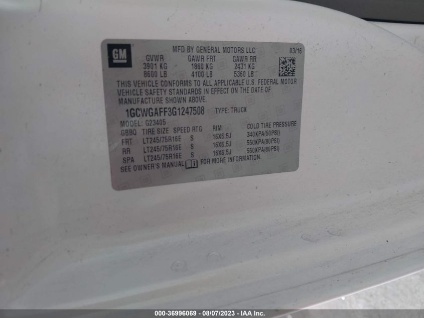 2016 CHEVROLET EXPRESS CARGO VAN - 1GCWGAFF3G1247508