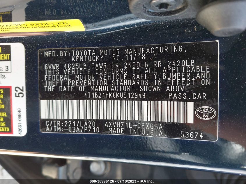 2019 TOYOTA CAMRY HYBRID - 4T1B21HK8KU512949
