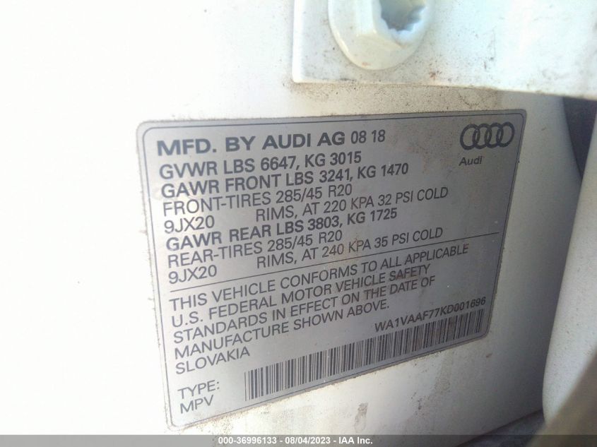 WA1VAAF77KD001696 2019 AUDI Q7, photo no. 9