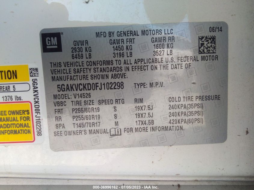 2015 BUICK ENCLAVE PREMIUM - 5GAKVCKD0FJ102298