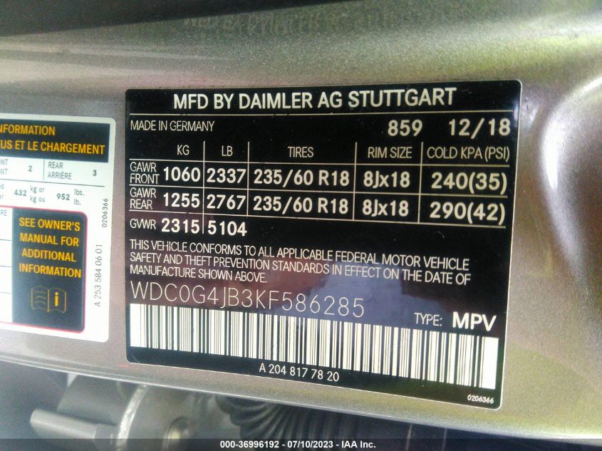 2019 MERCEDES-BENZ GLC GLC 300 - WDC0G4JB3KF586285