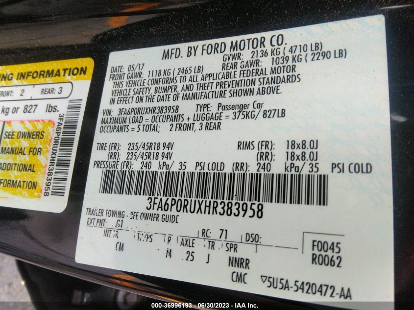 2017 FORD FUSION HYBRID - 3FA6P0RUXHR383958