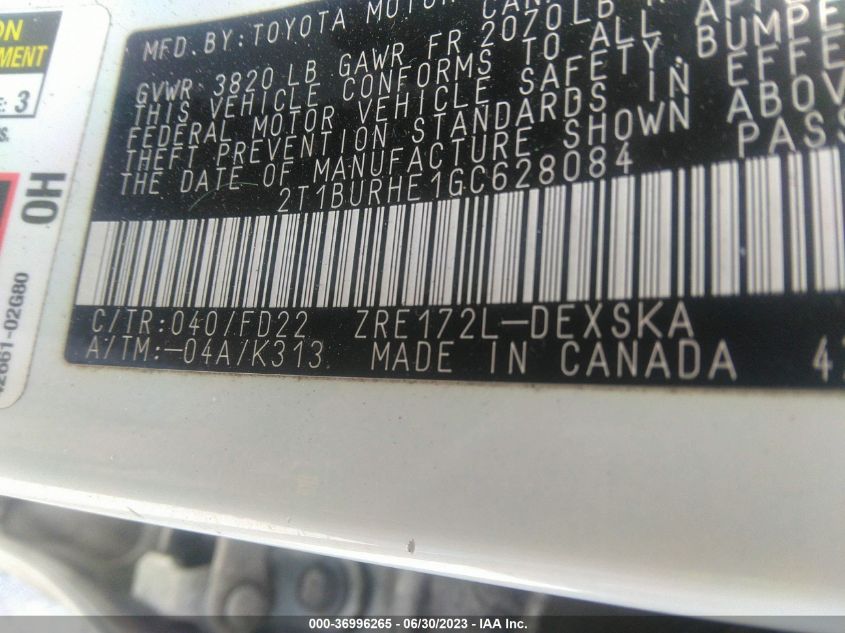 2016 TOYOTA COROLLA L/LE/S/S PLUS/LE PLUS - 2T1BURHE1GC628084