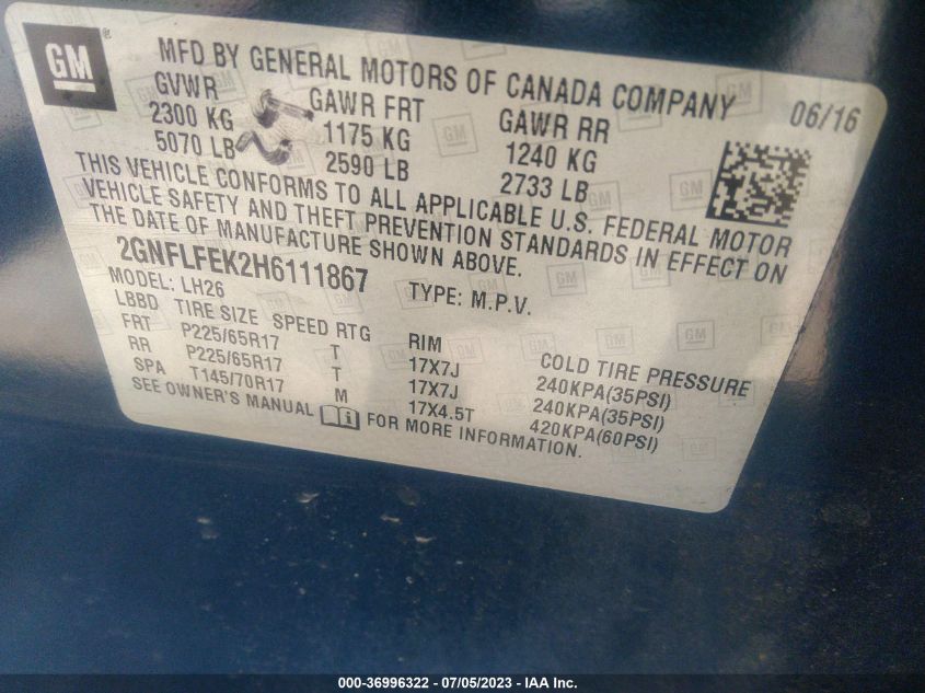 2017 CHEVROLET EQUINOX LT - 2GNFLFEK2H6111867