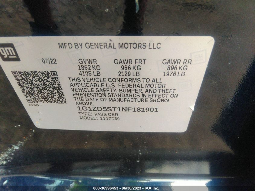2022 CHEVROLET MALIBU LT - 1G1ZD5ST1NF181901