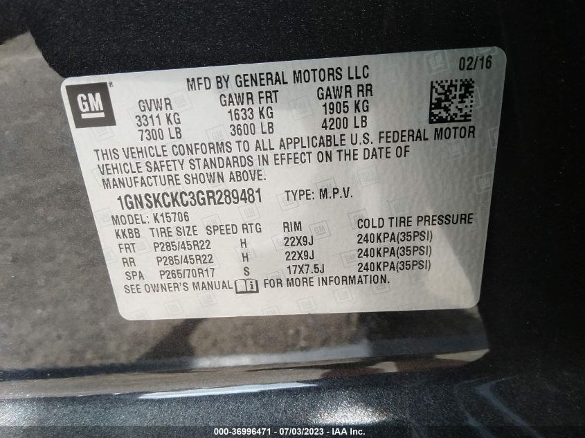 2016 CHEVROLET TAHOE LTZ - 1GNSKCKC3GR289481
