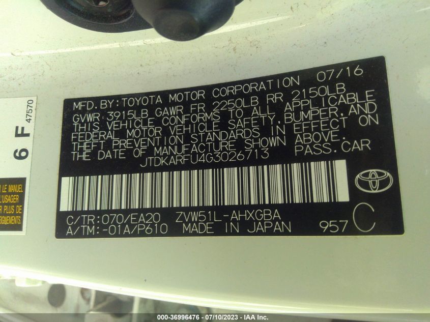 2016 TOYOTA PRIUS FOUR - JTDKARFU4G3026713