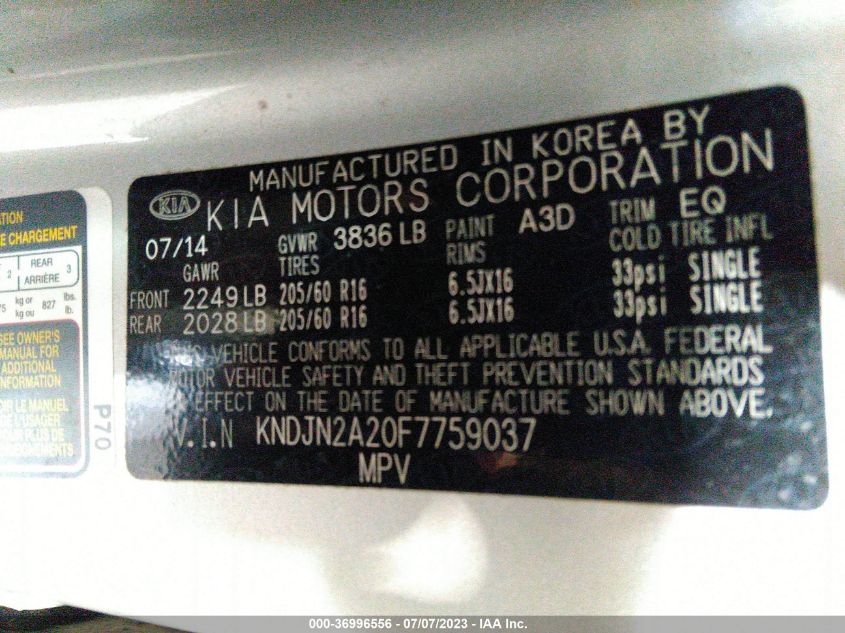 2015 KIA SOUL BASE - KNDJN2A20F7759037