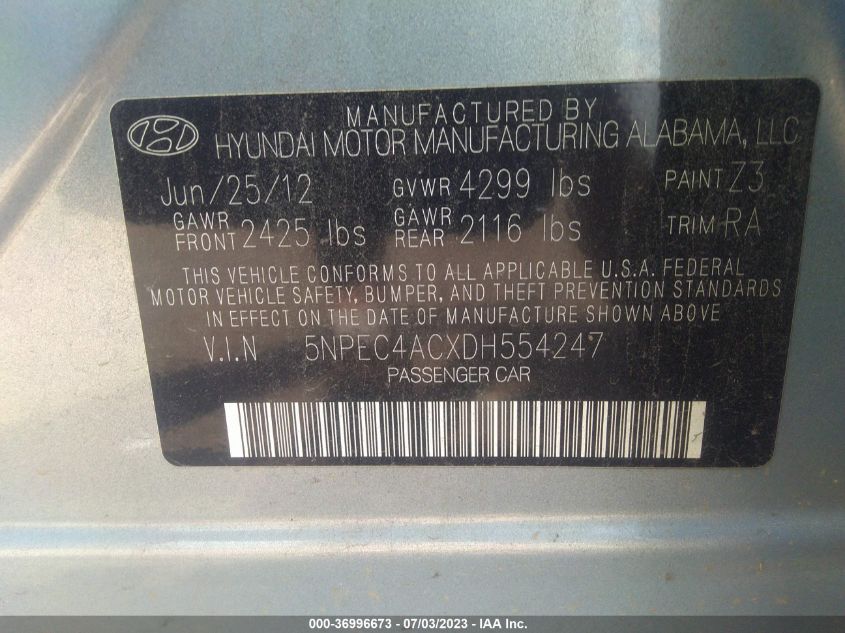 2013 HYUNDAI SONATA LIMITED - 5NPEC4ACXDH554247
