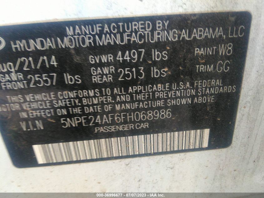 2015 HYUNDAI SONATA 2.4L SE - 5NPE24AF6FH068986