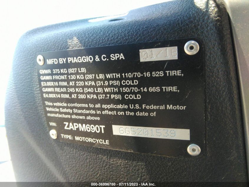 2016 PIAGGIO BV 350 ZAPM690T6G5201539