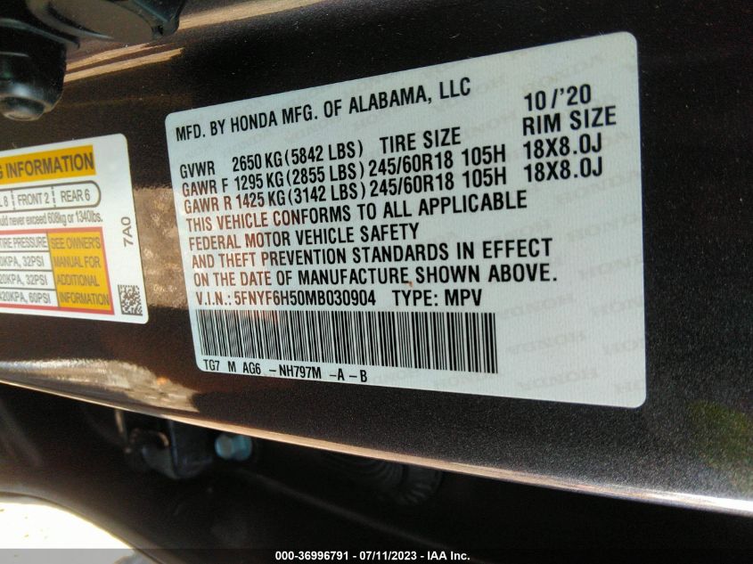 2021 HONDA PILOT EX-L - 5FNYF6H50MB030904