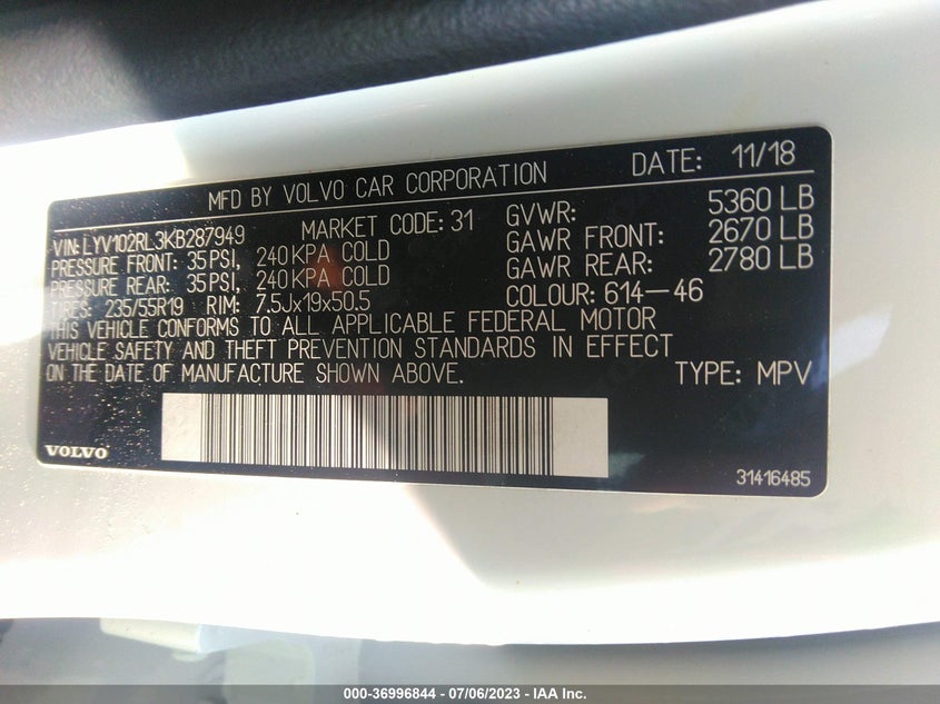 VIN LYV102RL3KB287949 2019 VOLVO XC60 INSCRIPTION