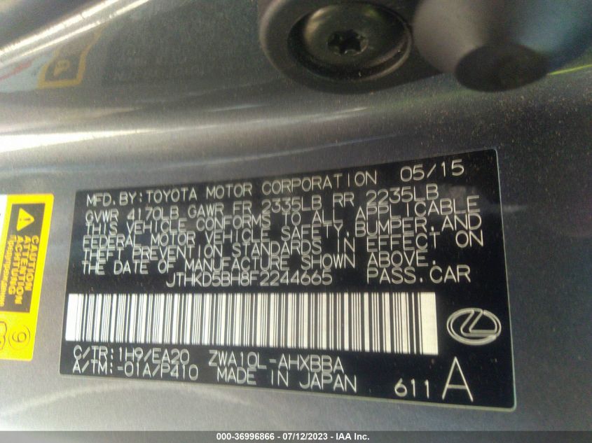 2015 LEXUS CT 200H HYBRID - JTHKD5BH8F2244665