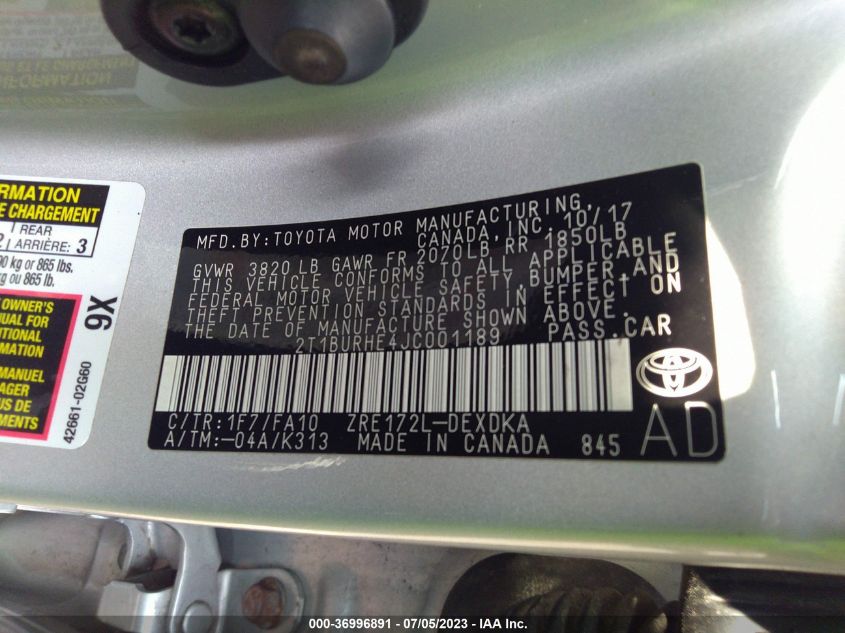 2018 TOYOTA COROLLA L/LE/XLE/SE/XSE - 2T1BURHE4JC001189