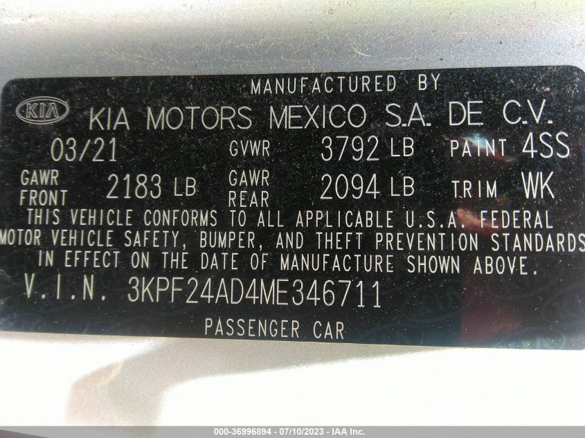 3KPF24AD4ME346711 Kia Forte LXS 9