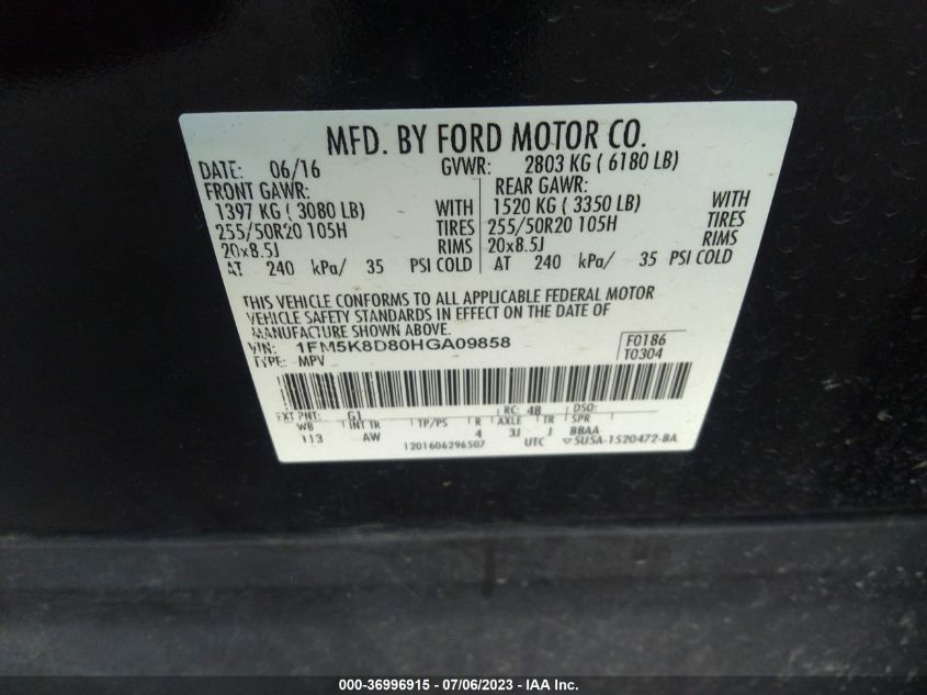 2017 FORD EXPLORER XLT - 1FM5K8D80HGA09858
