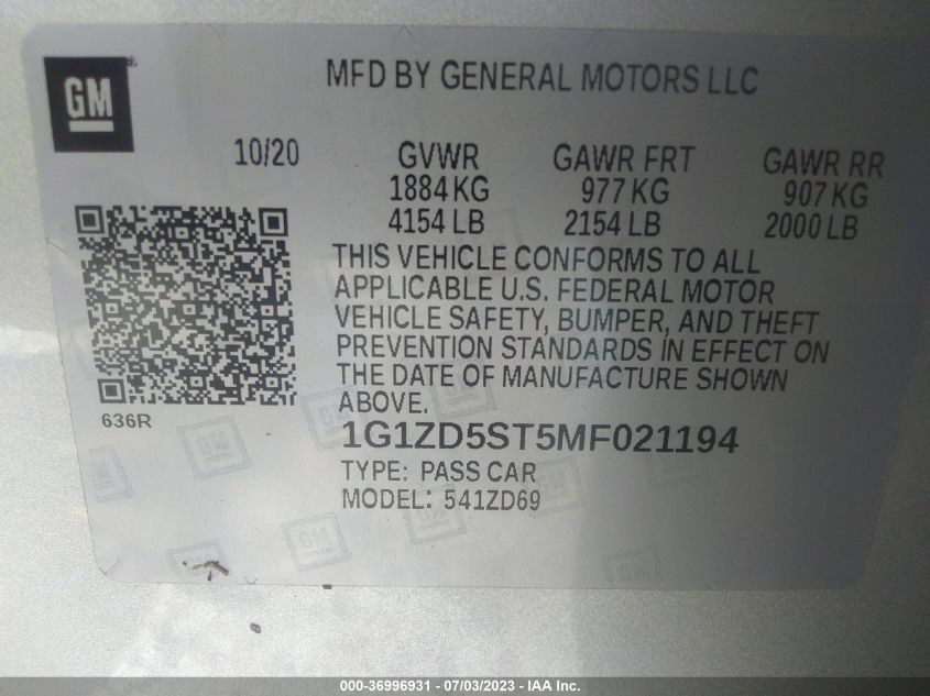 2021 CHEVROLET MALIBU LT - 1G1ZD5ST5MF021194