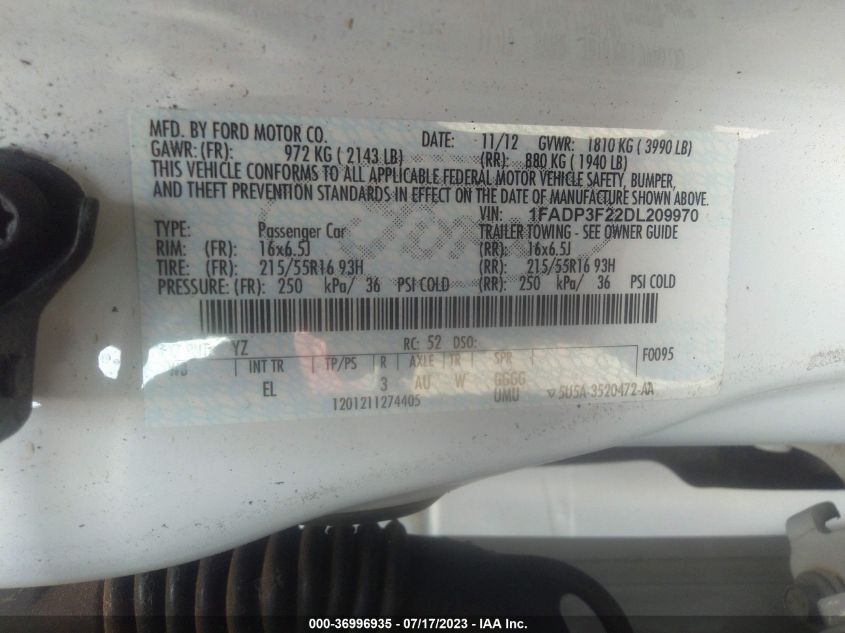 2013 FORD FOCUS SE - 1FADP3F22DL209970