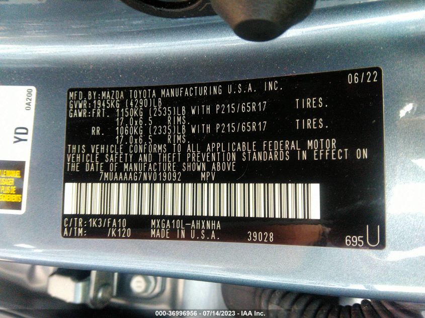 2022 TOYOTA COROLLA CROSS L - 7MUAAAAG7NV019092