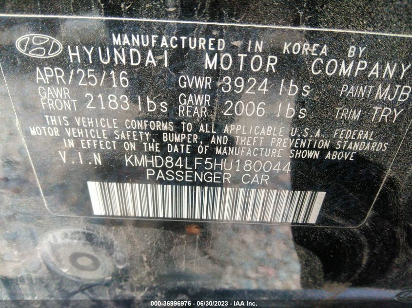 2017 HYUNDAI ELANTRA LIMITED - KMHD84LF5HU180044
