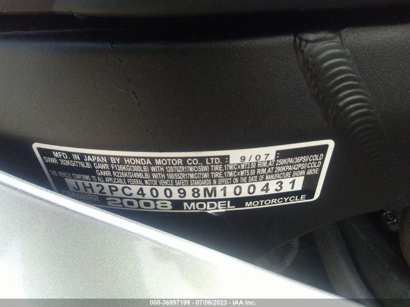2008 HONDA CBR600 RR - JH2PC40098M100431