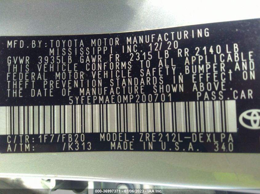2021 TOYOTA COROLLA LE - 5YFEPMAE0MP200701
