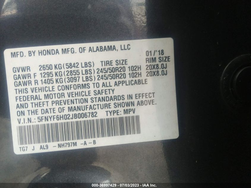 2018 HONDA PILOT ELITE - 5FNYF6H02JB006782