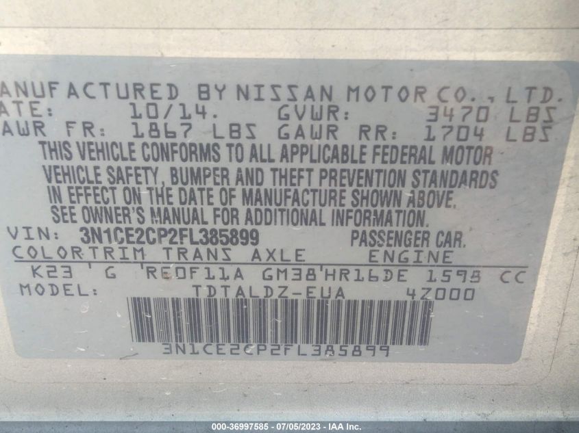 2015 NISSAN VERSA NOTE S/S PLUS/SV/SR/SL - 3N1CE2CP2FL385899