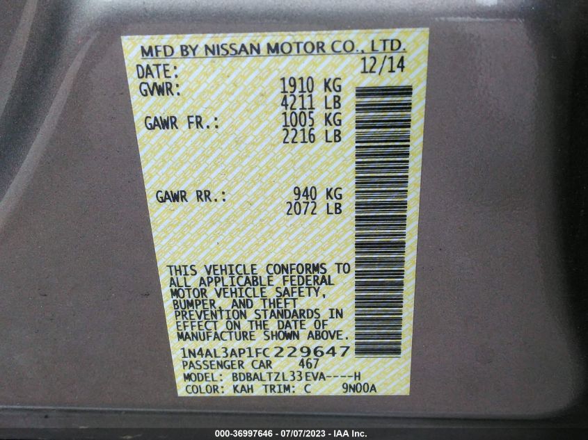 2015 NISSAN ALTIMA 2.5 SL - 1N4AL3AP1FC229647