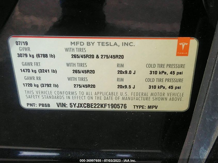 Auction sale of the 2019 TESLA MODEL X , vin: 5YJXCBE22KF190576, lot number: 36997655