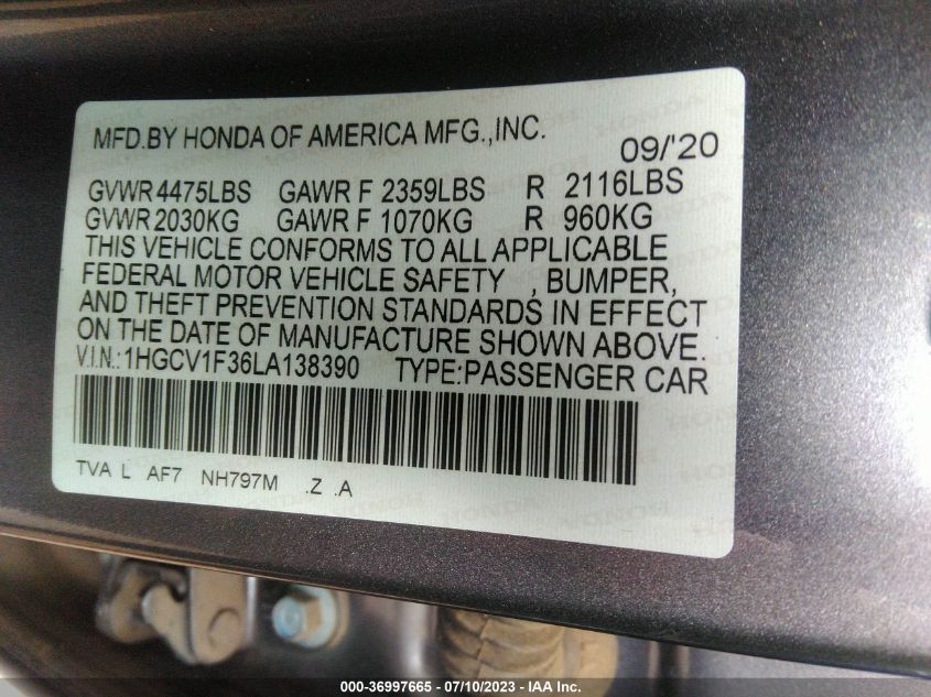 2020 HONDA ACCORD SEDAN SPORT - 1HGCV1F36LA138390