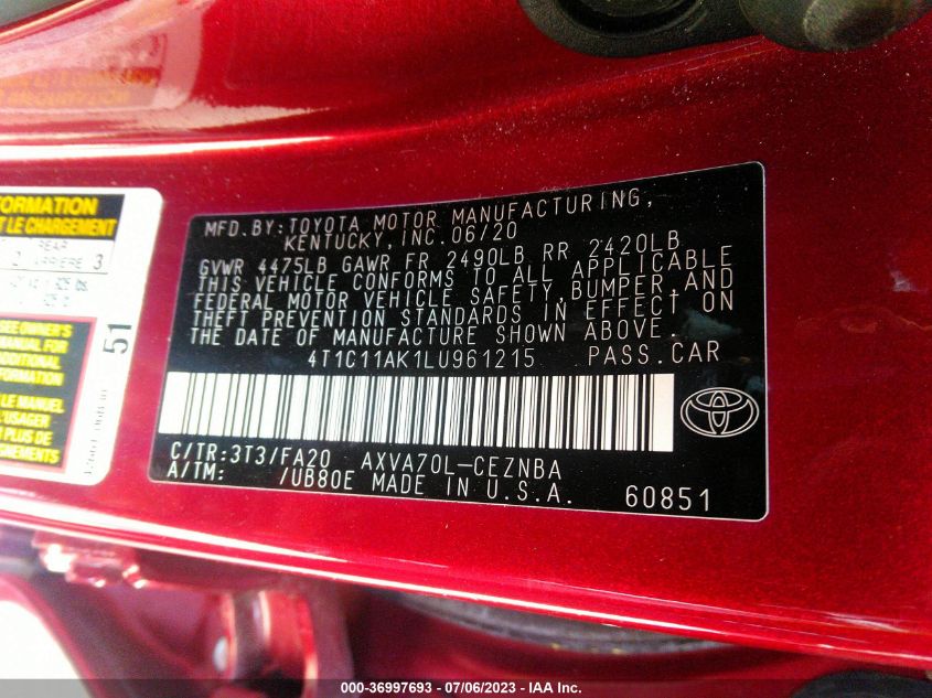 2020 TOYOTA CAMRY LE - 4T1C11AK1LU961215