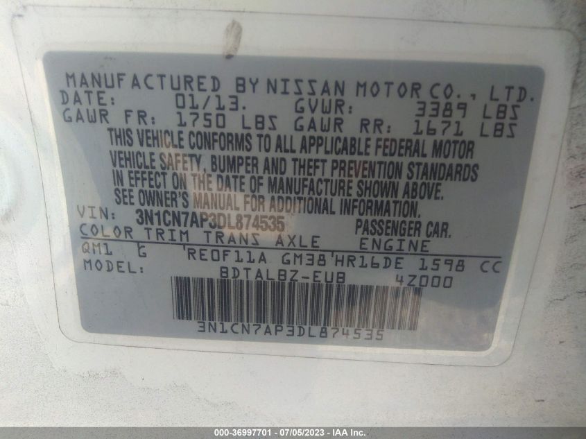 2013 NISSAN VERSA SV - 3N1CN7AP3DL874535
