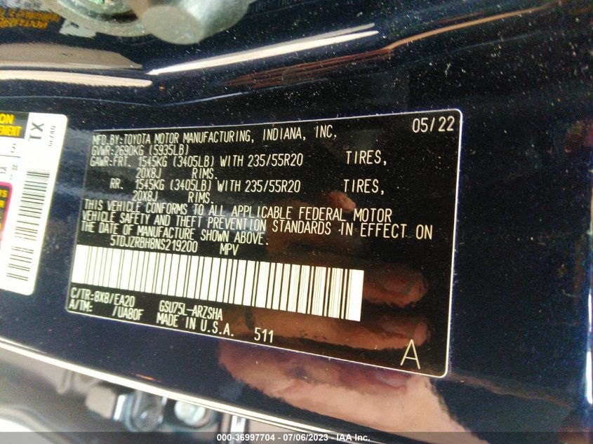 2022 TOYOTA HIGHLANDER XSE - 5TDJZRBH8NS219200