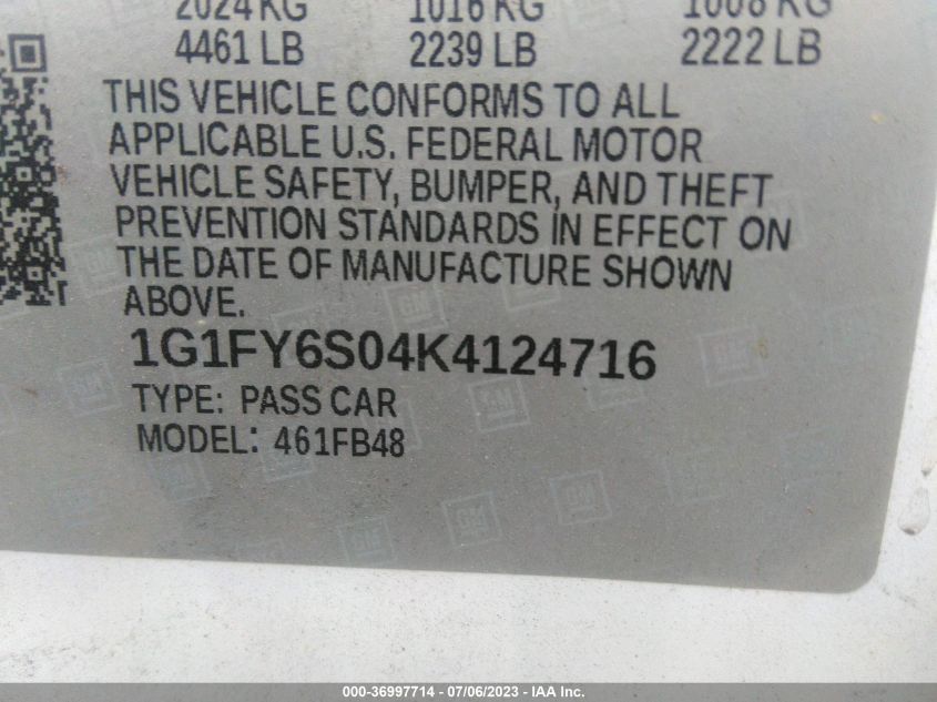 2019 CHEVROLET BOLT EV LT 1G1FY6S02K4117621