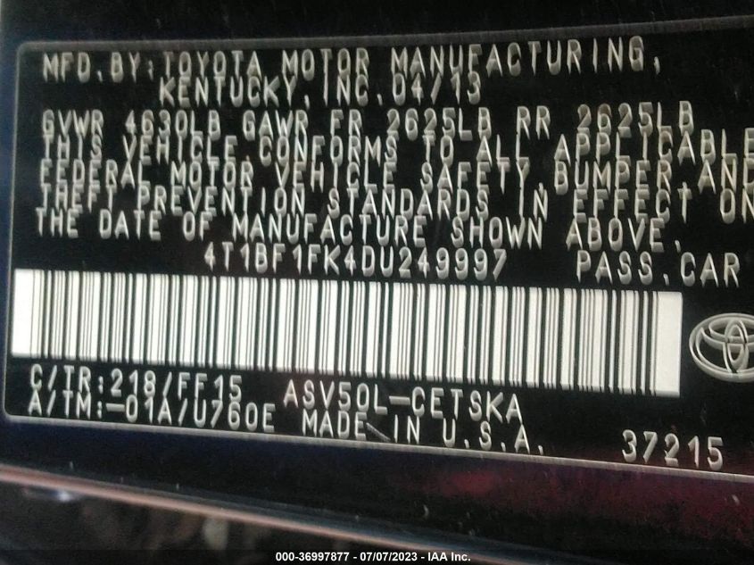 2013 TOYOTA CAMRY L/LE/SE/XLE - 4T1BF1FK4DU249997
