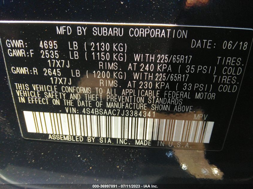 2018 SUBARU OUTBACK - 4S4BSAAC7J3384341