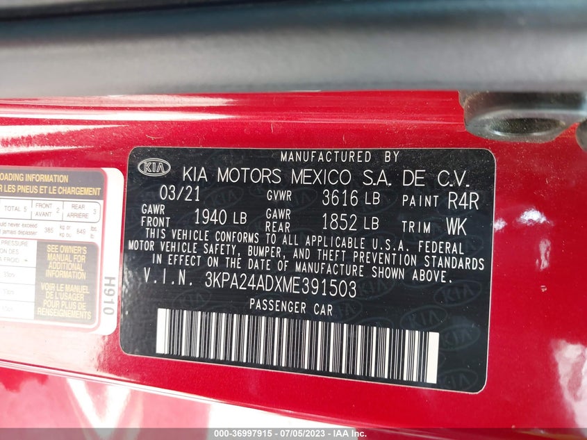 VIN 3KPA24ADXME391503 2021 KIA RIO S