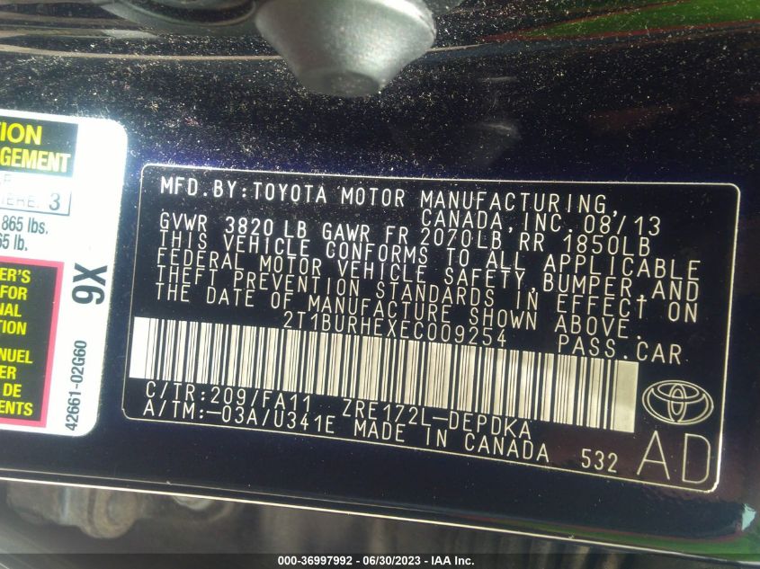 2014 TOYOTA COROLLA L/LE/S/S PLUS/LE PLUS - 2T1BURHEXEC009254