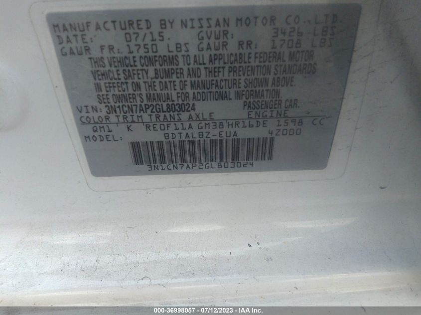 2016 NISSAN VERSA S/S PLUS/SL/SV - 3N1CN7AP2GL803024