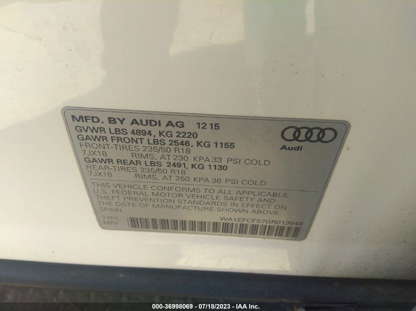 2016 AUDI Q3 PREMIUM PLUS - WA1EFCFS7GR013648