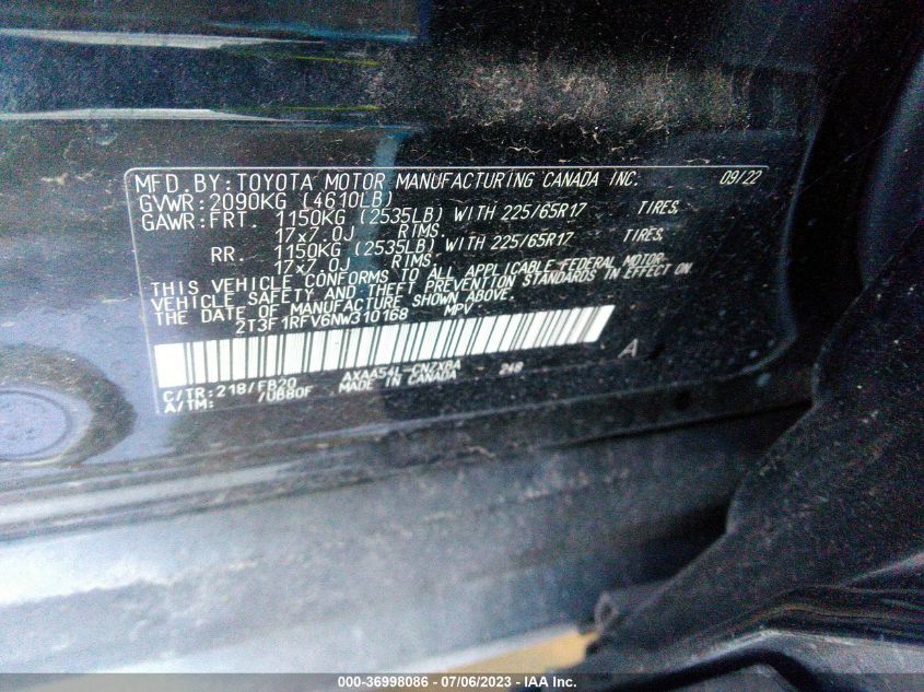 2T3F1RFV6NW310168 Toyota RAV4 LE 9