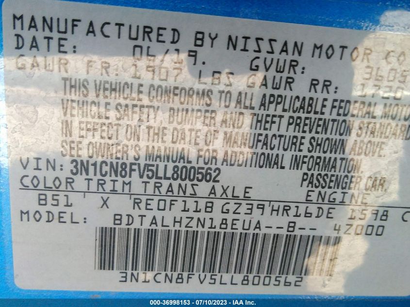 2020 NISSAN VERSA SR - 3N1CN8FV5LL800562