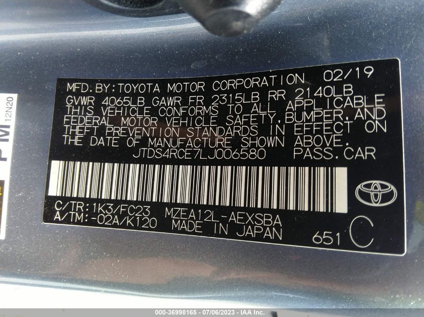 2020 TOYOTA COROLLA SE/NIGHTSHADE - JTDS4RCE7LJ006580