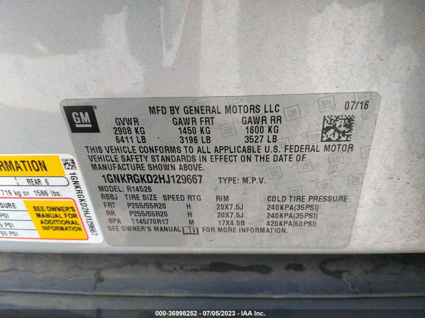 2017 CHEVROLET TRAVERSE LT - 1GNKRGKD2HJ129667