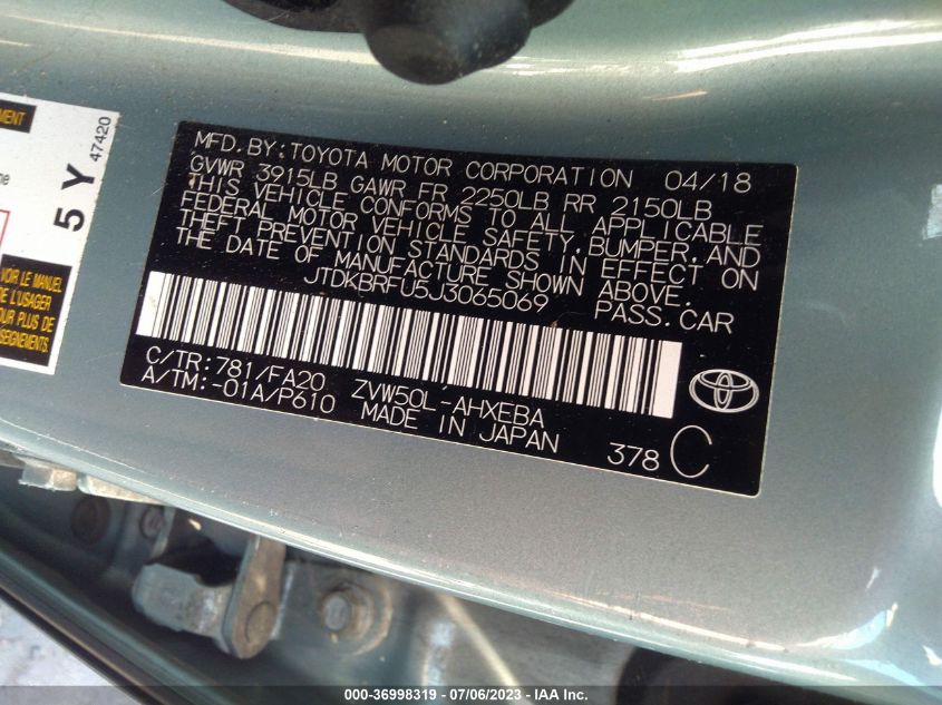 2018 TOYOTA PRIUS - JTDKBRFU5J3065069