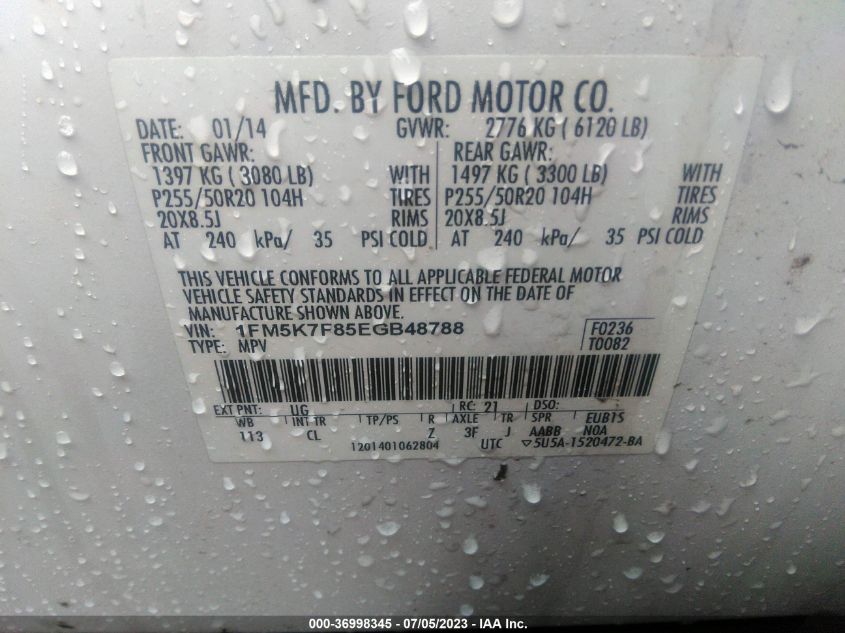 2014 FORD EXPLORER LIMITED - 1FM5K7F85EGB48788