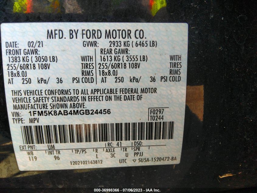 2021 FORD POLICE INTERCEPTOR - 1FM5K8AB4MGB24456